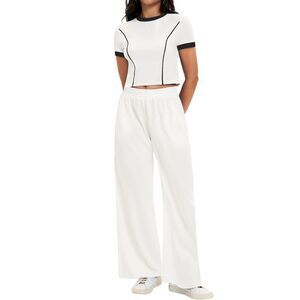 2 Piece Sets Crop Tops Wide Leg Pants Sets Matching Sweatsuit White